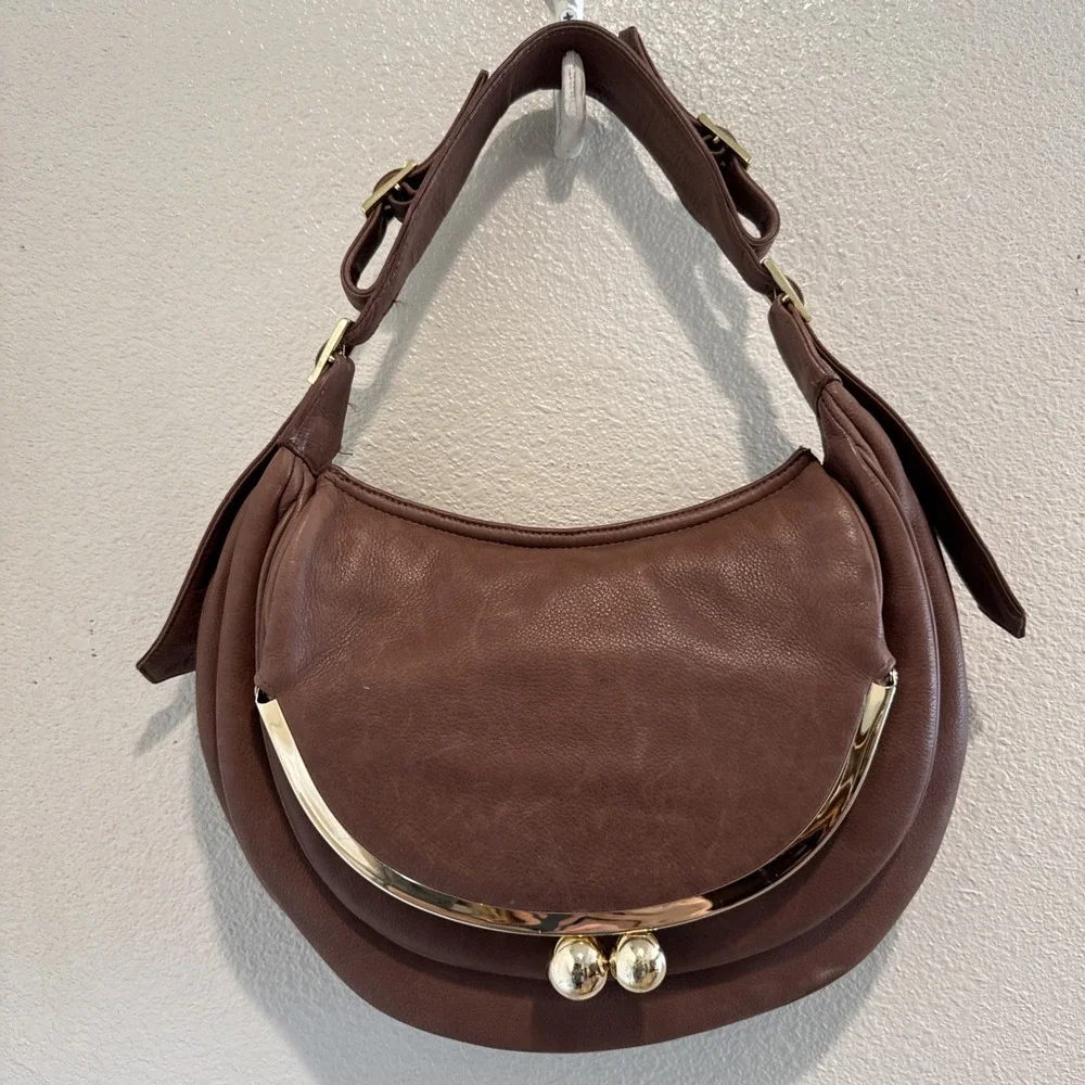 Vtg Y2K Bulga Brown Leather Kisslock Shoulder Bag Purse Satchel Buckle Details